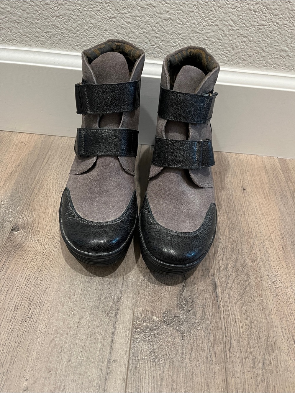 Fly London Gray and Black Suede & Leather Ankle Booties